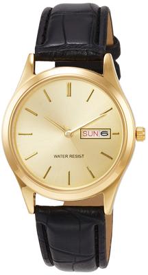 [Arias] Analog Amalfidia Watch with Day of the Week and Date Waterproof Leather Strap Gold Dial A45M01 Men's Black