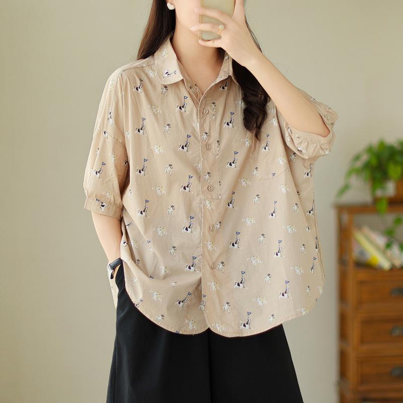 Japanese fashion puppy print short-sleeved shirt women's summer new loose and versatile niche design top