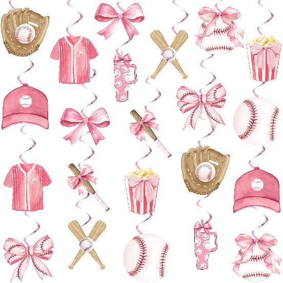 Funrous 22 Pcs Baseball Coquette Party Decoration Pink Bow and Baseball Hanging Swirl Spiral Ceiling Streamer Sport Theme Hanging Decor for Birthday