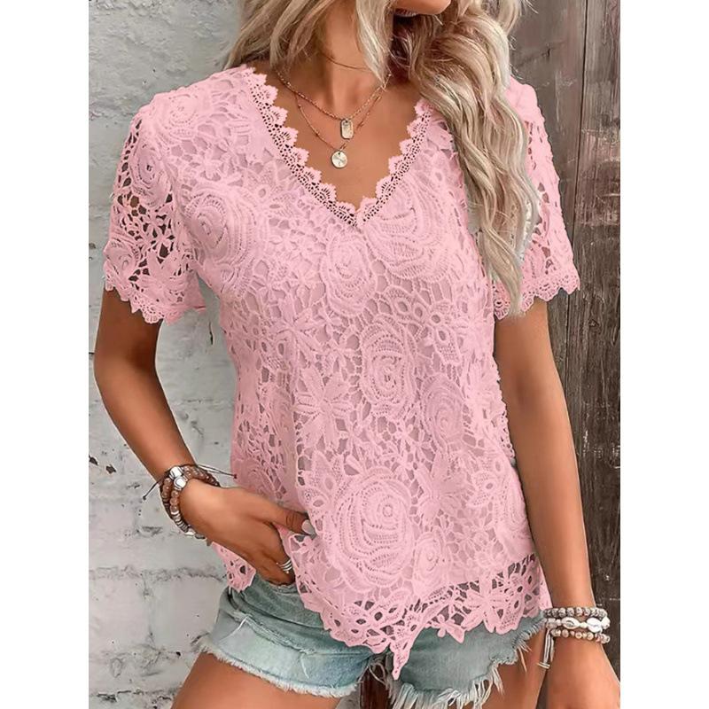 QICED Moda feminina casual cor sólida estampa manga curta blusas e camisas com decote em V