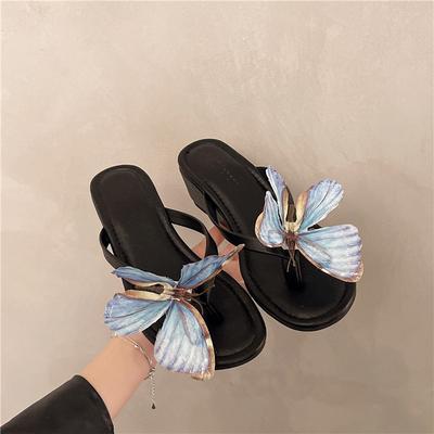 Mode Eleganta Fjärilsflipflops Söta Casual Högklackade Sandaler Inomhus Ytterkläder Sommar Damsandaler Semester Casual Strandtofflor