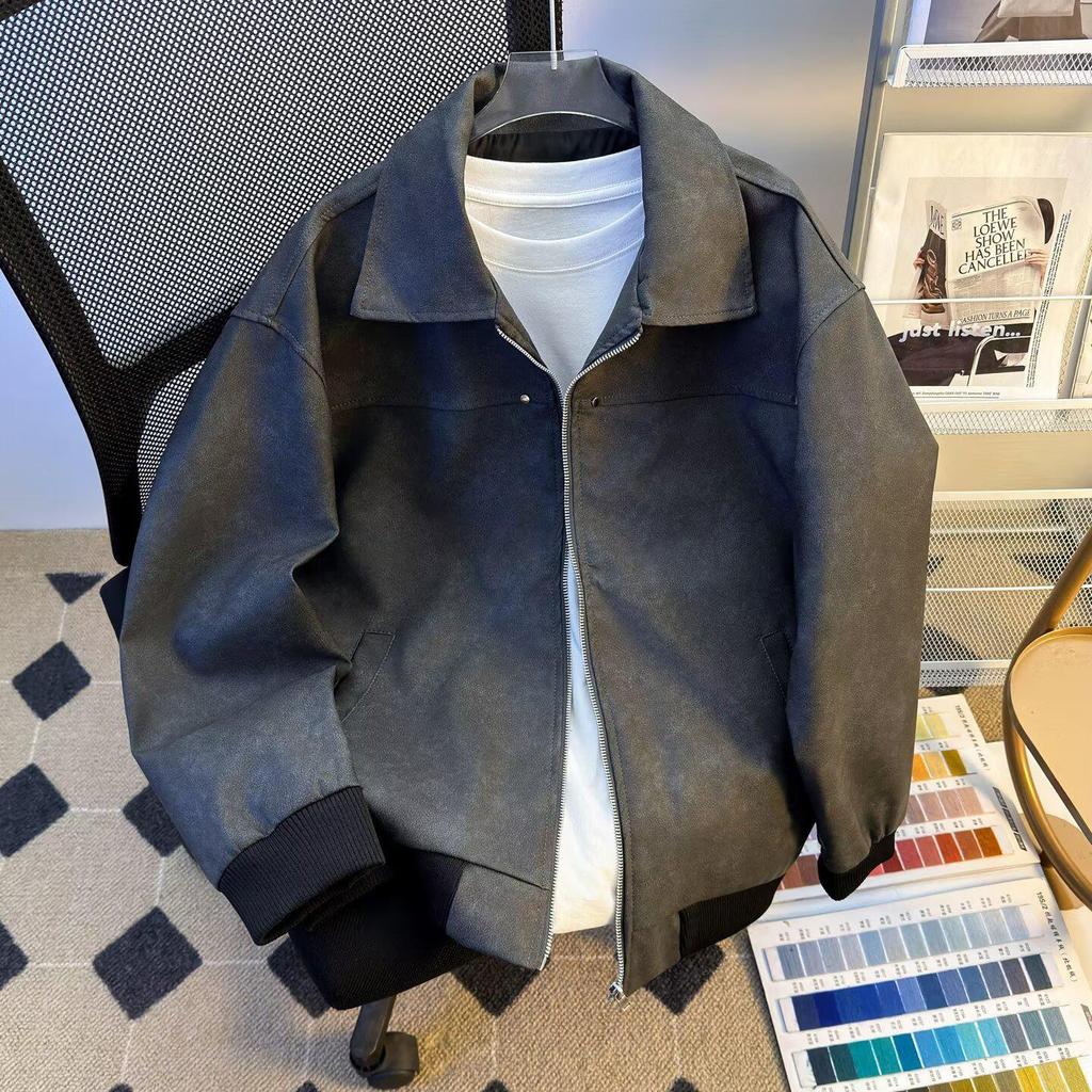 Men's Trendy Retro Brown Leather Baseball Jacket - Suede, Short, Roguish Style for Spring/Autumn