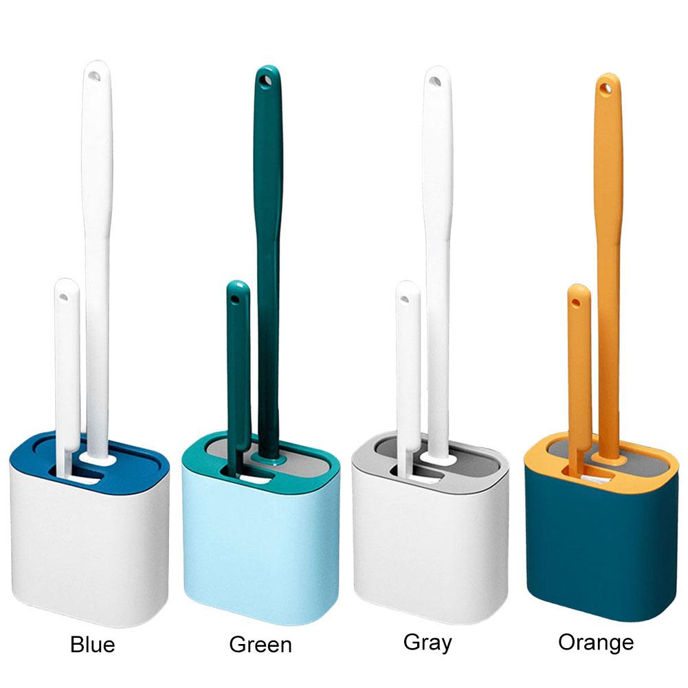 2 In 1 Toilet Brush&Holder Set 2 Brushes Small Bristles Brush Wall-Mounted Silicone Toilet Brush Flexible Bathroom Accessories