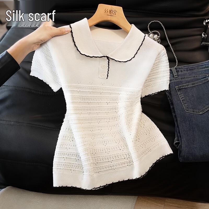 

Women s Peter Pan Collar Color Block Knit T-Shirt One Size