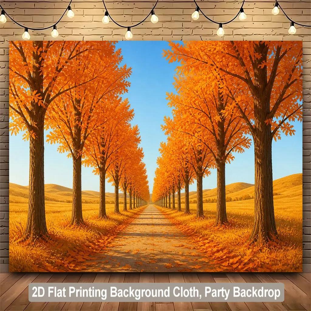 2D flat surface 1 piece of landscape autumn trees path background banner suitable for home garden studio