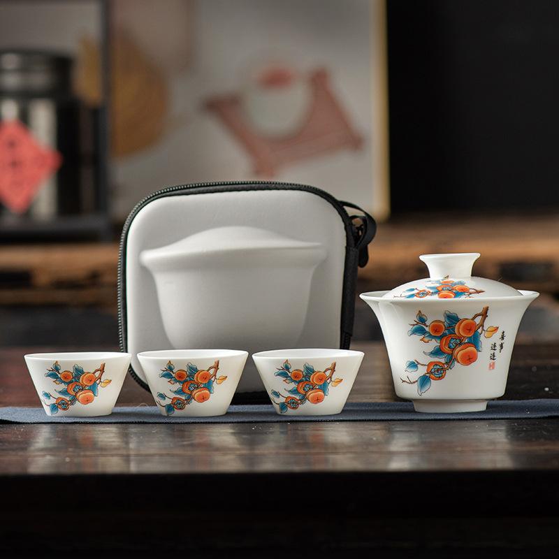 Travel Tea Set, Bowl Lid, Gaiwan,Tea Cup, Outdoor Kung Fu Tea Set, Portable Kuaike Cup, Sheep Fat Jade White Porcelain Gift