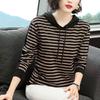Mid Autumn Season Striped Hoodie T Shirt For Women With Patching And Loose Fit