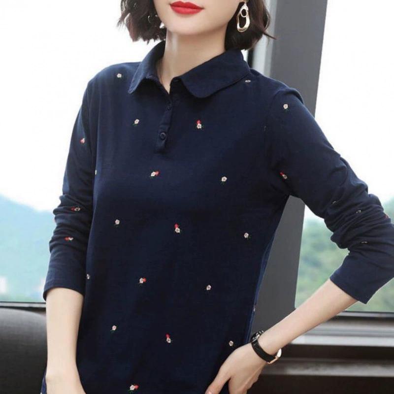 POLO Shirt Long Sleeved T-shirt Women's Loose Plus Size Mom Outfit Spring T-shirt Slimming Top Base Shirt