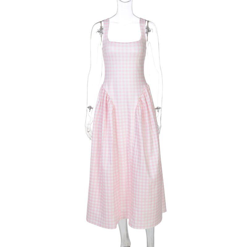 

Checked Printed Back Suspension Dress Plaid Print Sling Dress Pink S