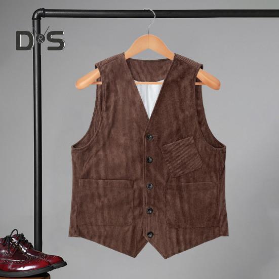 Men Corduroy Vest Coat V-neck Sleeveless Single Breasted Buttons Waistcoat with Pockets Solid Color Vest Jacket