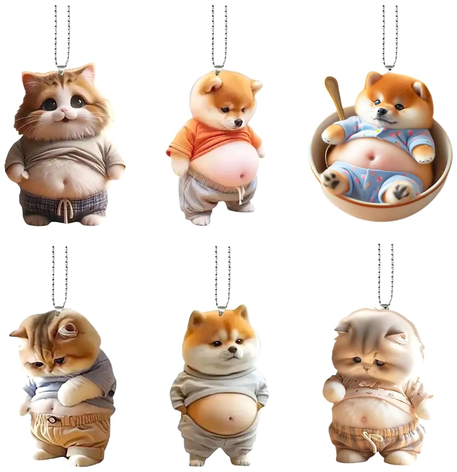 

Set of 6 Cute Fat Cat and Dog 2D Car Rearview Mirror Mascots with Ball for Rearview Mirror Suspension and Interior Decorations Keychains, Ornaments,