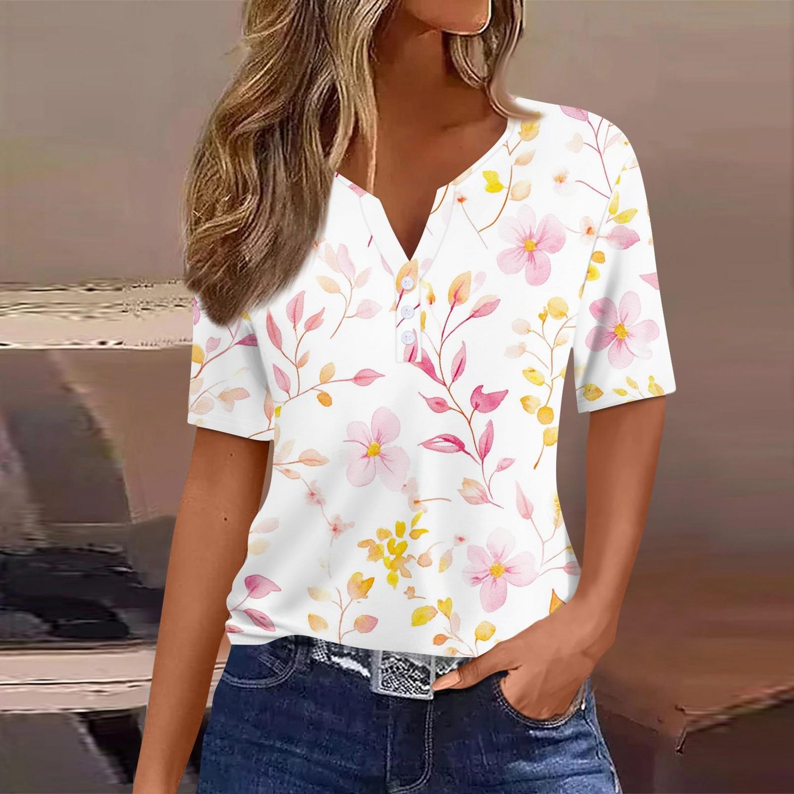 Women s Casual Printed V-Neck Short Sleeve Decorative Button T-Shirt Top S