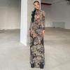 New Fashion Mesh Printing Perspective Turtleneck Dress Spring and Summer Slim and Thin Dresses Streetwear Long Sleeve Maxi Dress Party Women Clothing