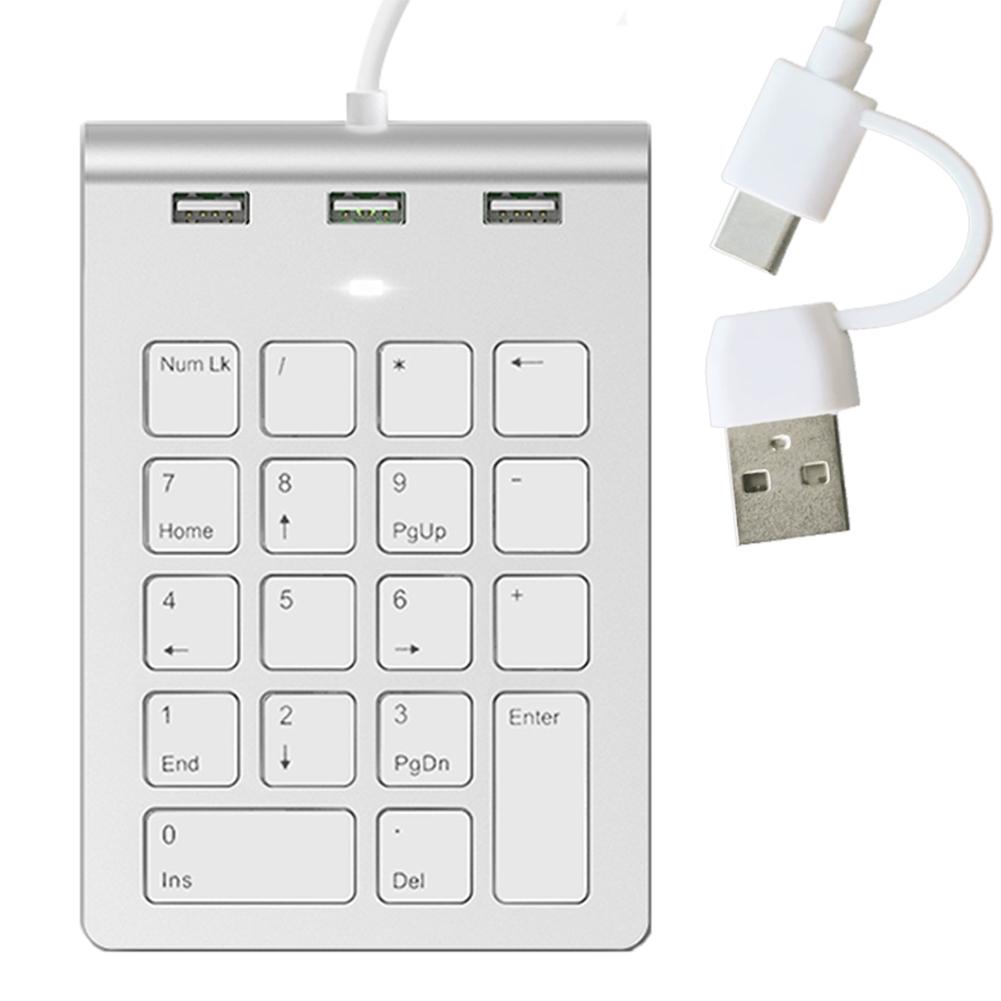 USB & Type C Wired Mini Numeric Keypad with 3 USB2.0 Port Hub 18 Keys Digital Keyboard Numpad for Laptop Computer Desk PC