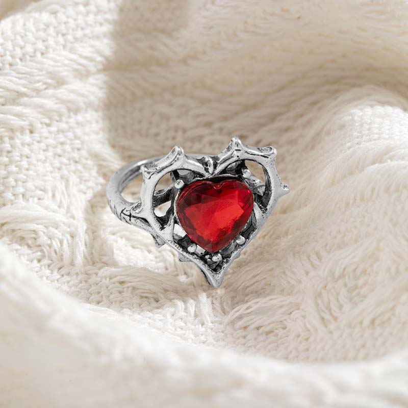 Punk Red Crystal Heart Rings for Women Vintage Metal Geometric Hollow Love Personality Finger Rings Y2K Jewelry Wholesale