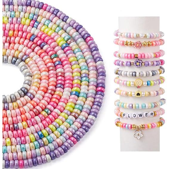 Pandahall 7 Strands 6mm Flat Polymer Clay Beads Speckled Vinyl Heishi Beads 7 Colors Pearlized Colorful Disc Clay Spacer Beads for Friendship
