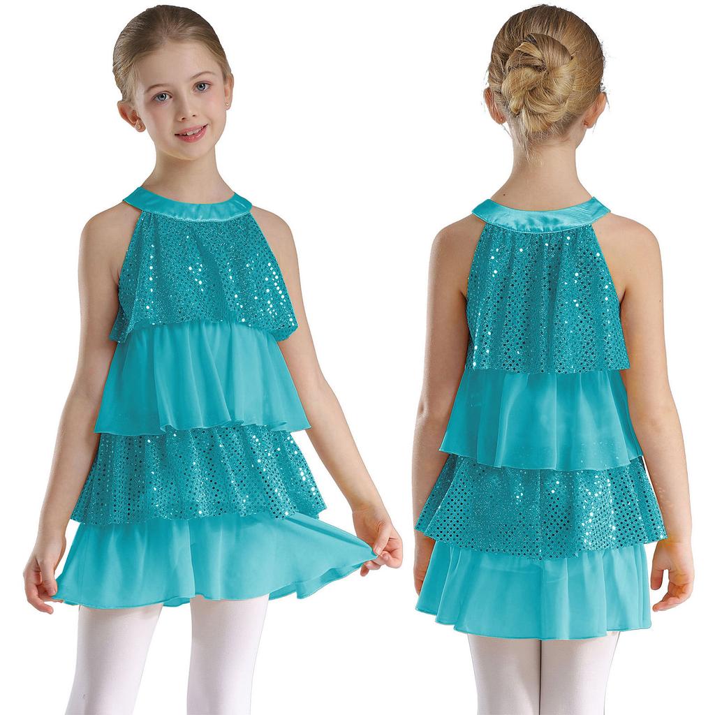 Gestuftes Rüschen-Mädchen-Tanzkleid Glänzende Pailletten Patchwork A-Linie Ärmellos Aufführungskostüm