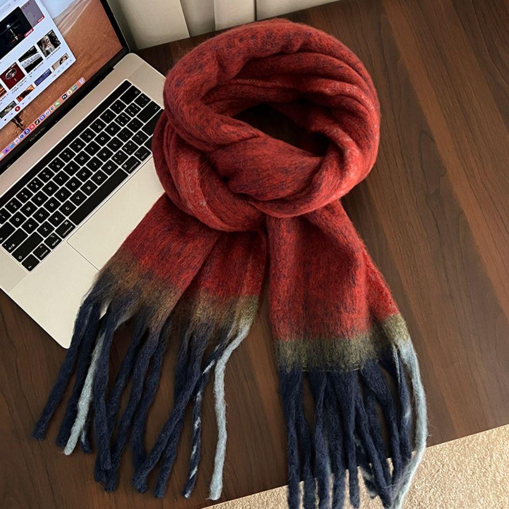 Korean Style Long Wool Tassel Scarf Gradient Color Cashmere Shawl Winter Cashmere Scarves  Girl