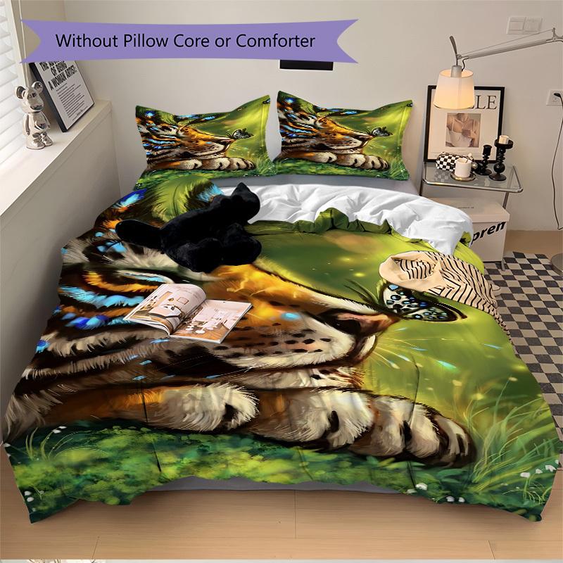 3pcs Tiger Butterfly Design Duvet Cover Set, Cover For Bedroom Guest Room (1 Duvet Cover + 2 Pillowcase, Without Quilt), Yy250922151