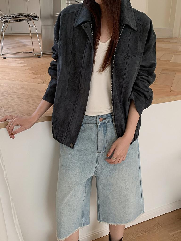 Women's Casual Suede-Like Long Sleeve Zip-Up Jacket, Retro Loose-Fit Stand Collar Coat for Fall, inbyin