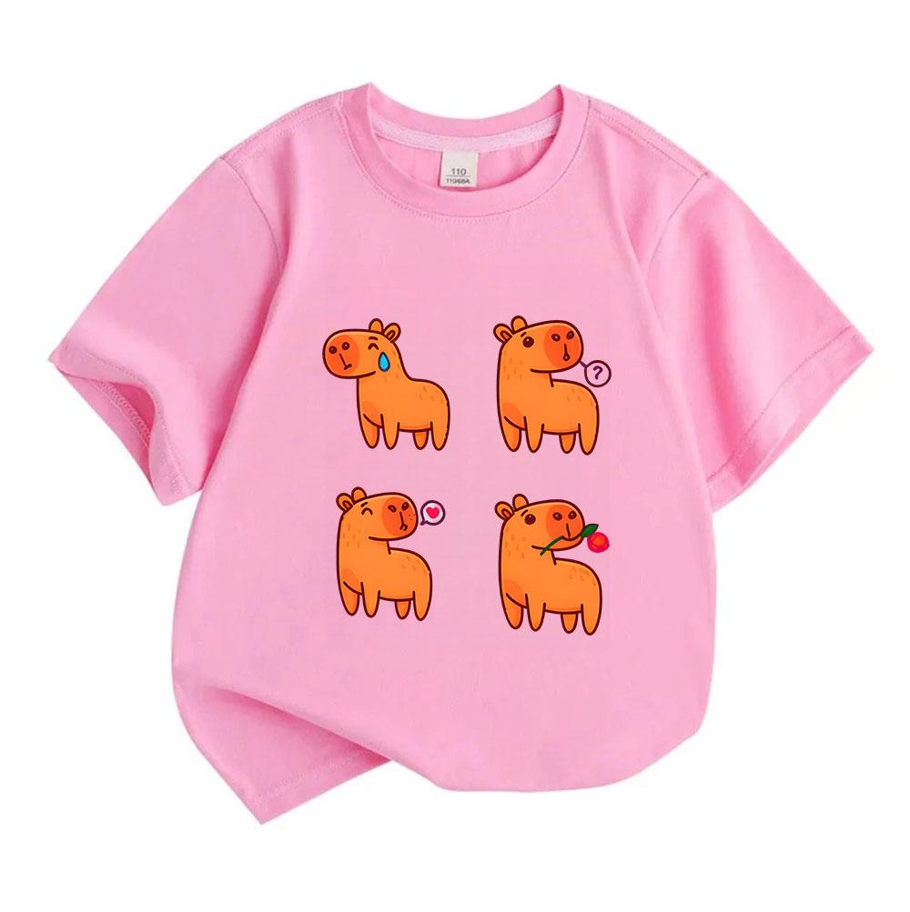Kids Boys Girls 100% Cotton Crew Neck Short Sleeve T-Shirt, Cute Cartoon Orange Capybara 4-Panel Funny Graphic Casual Lightweight Summer Tee for Child