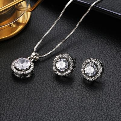 1set/3pcs (Necklace + Earrings)  Fashion Temperament Bridal Jewelry Two-piece Set, Round Diamond Stud Earrings Necklace Set