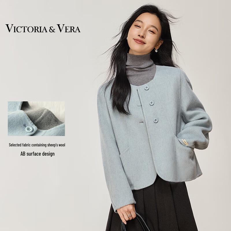 VICTORIA&VERA Women's Contrast Cuff Wool Blend Short Coat