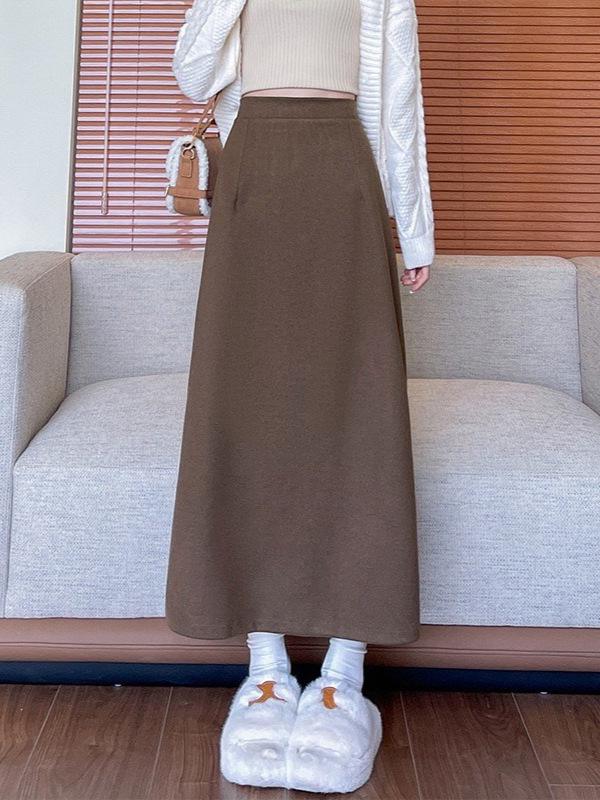 Woolen Korean Style Mid-Length A-line Skirt for Women - Autumn/Winter, Warm, Loose Fit, Hip-Hugging Split Design