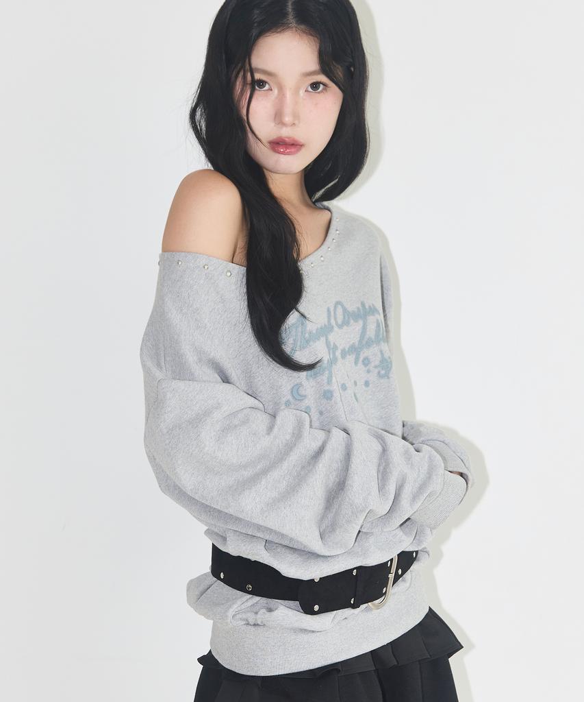 ILLIGO One-Shoulder Studded Boat Neck Sweatshirt Melange
