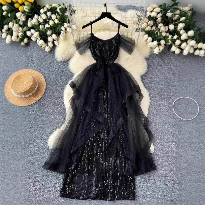 Temperament Black Evening Dress Dress Women's Spring and Autumn New Banquet Advanced Sense French Piano Performance Vocal Art Test Dress