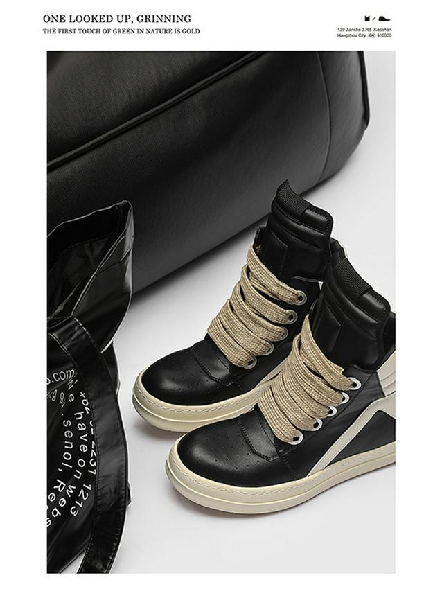 2024 Autumn/Winter Men's Trendy Genuine Leather High-Top Black & White Thick-Soled Boots