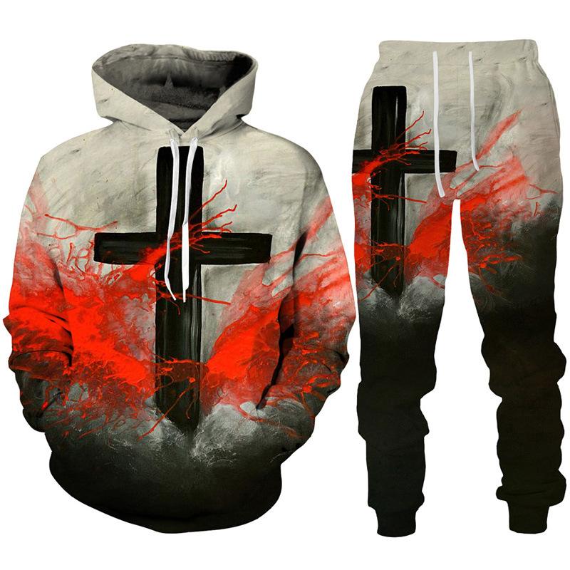 Spring Autumn Fashion Casual Men's Hoodies Set 3D Animal Lion Cross Printing Sweatshirts Sweatpants 2 Piece Set Men Clothing Suit