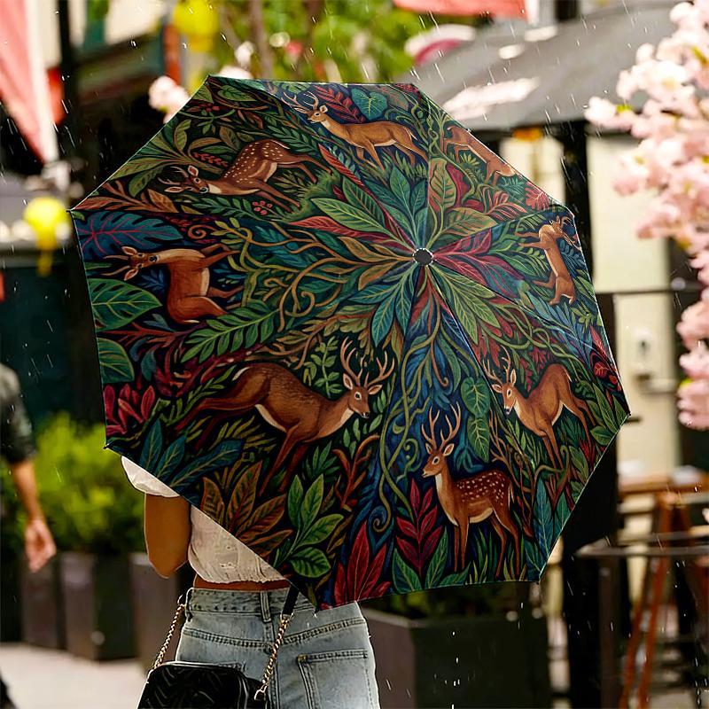 

Bird Whale Deer Forest Wild Blooms Umbrella for Outdoor Travel Use, Auto Open-Close 8-Rib Umbrella Exquisite Gift for Family and Friends
