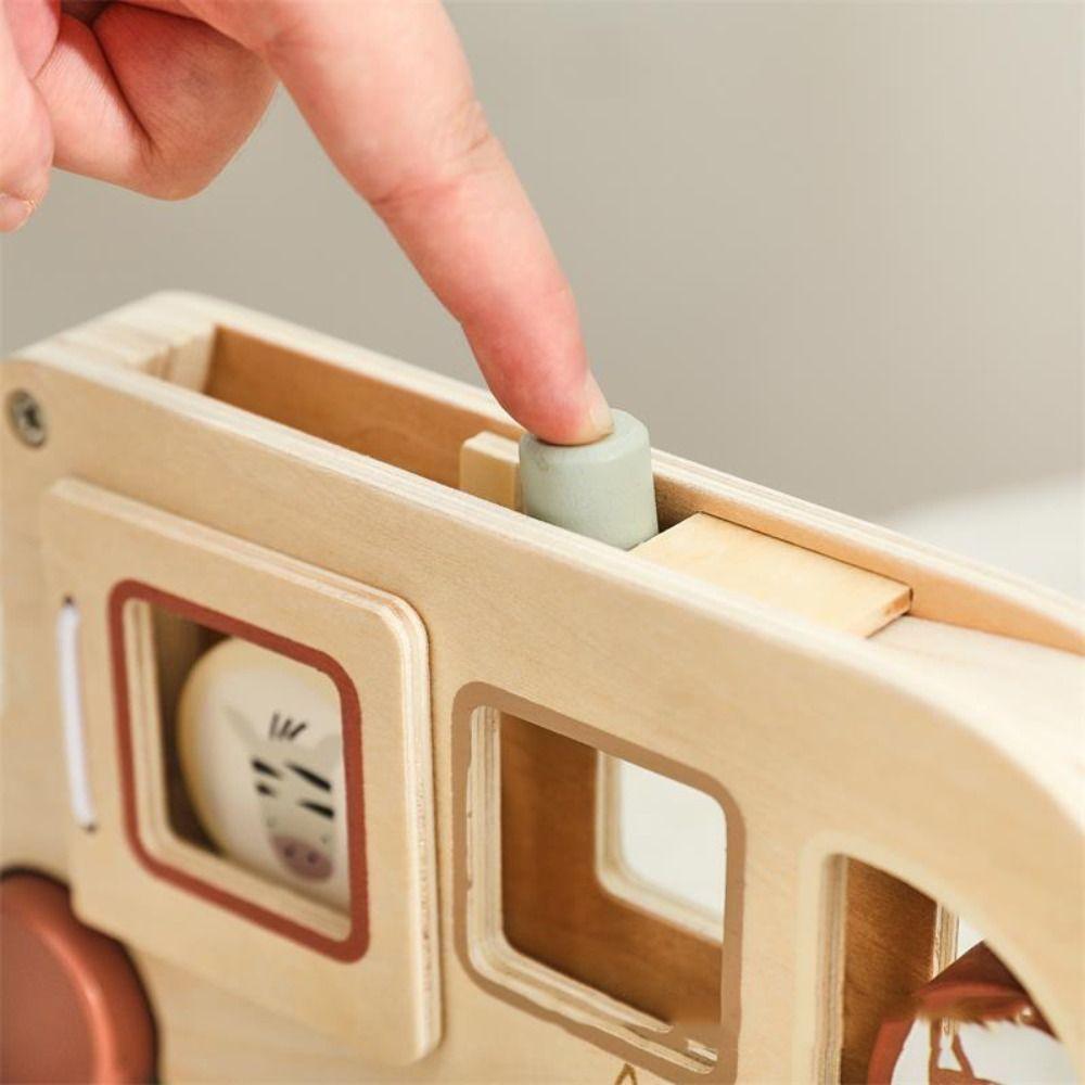 Wooden Material Hand-pushed Car Cylinder Blocks Wooden Cartoon Animal Bus  Early Learning