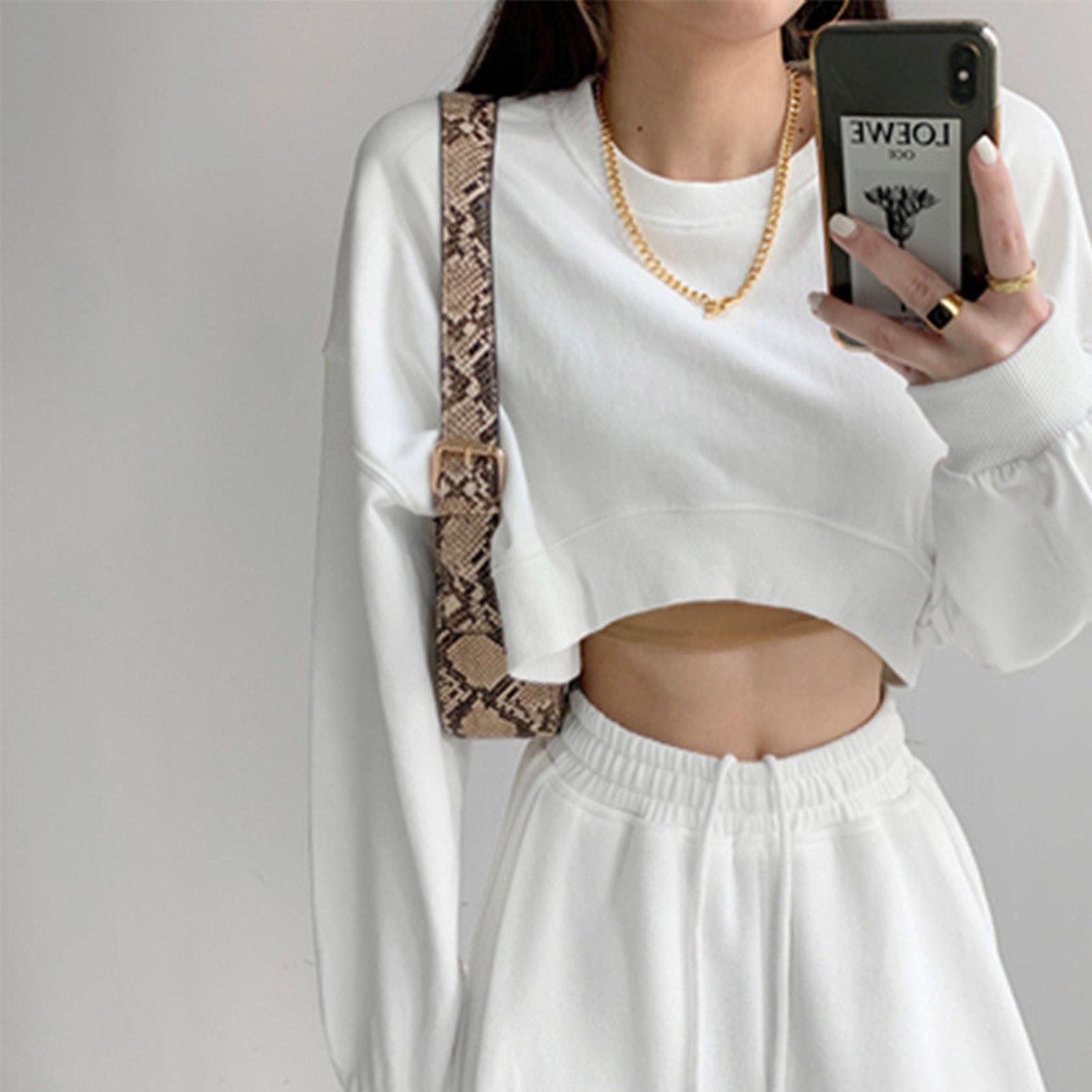 

Женский повседневный однотонный пуловер с длинными рукавами и укороченным топом M белый