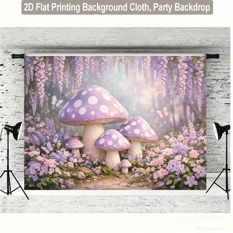 2D Whimsical Pastel Mushroom Forest Backdrop with Wisteria Photo Background