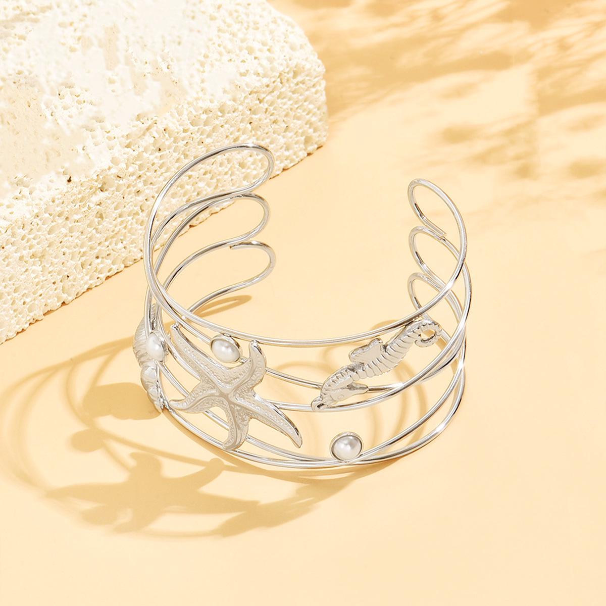 Stainless Steel Starfish & Seahorse Open Bangle Bracelet