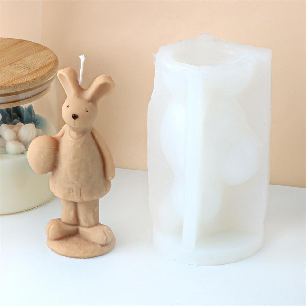 Standing Basketball Rabbit Candle Mold 3D Rabbit Family Size Holding Flower Fragrance Easter Animal Cake Baking Tools Home Gifts