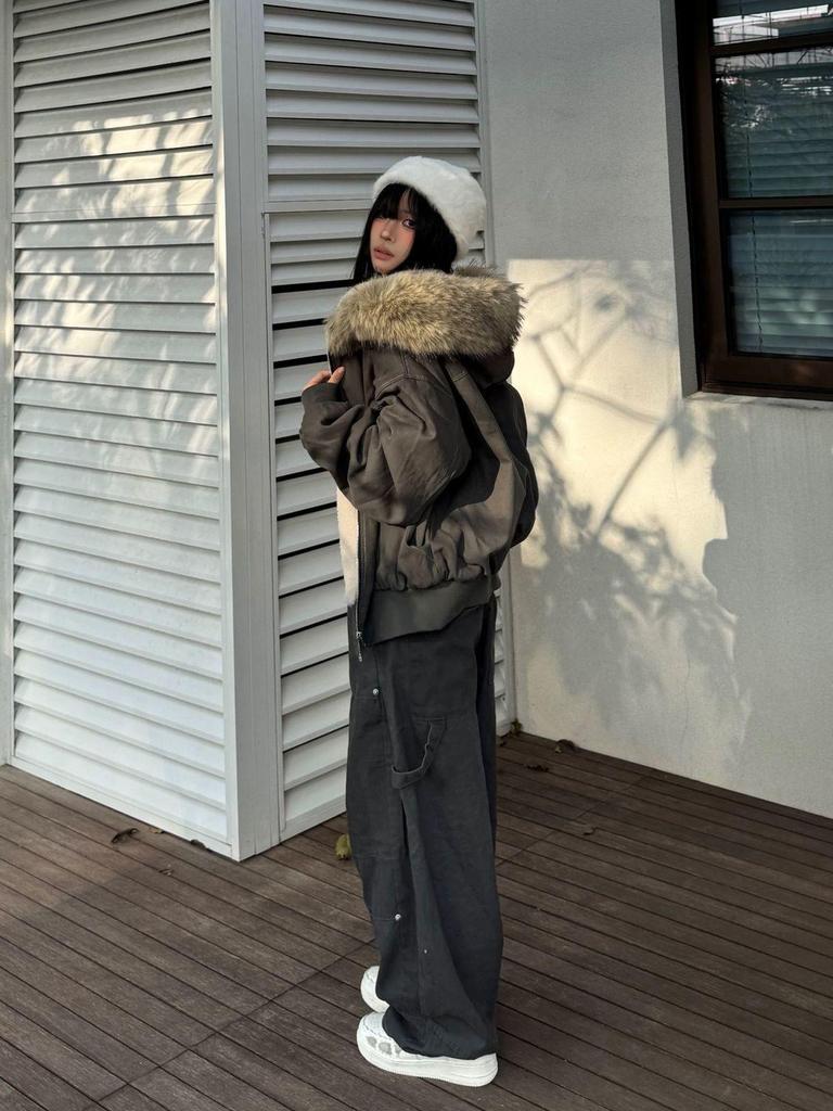 Women's Winter Guochao Zuo Furry Hooded Parka - Super Thick, Water-Washed, Loose Fit Cotton Coat