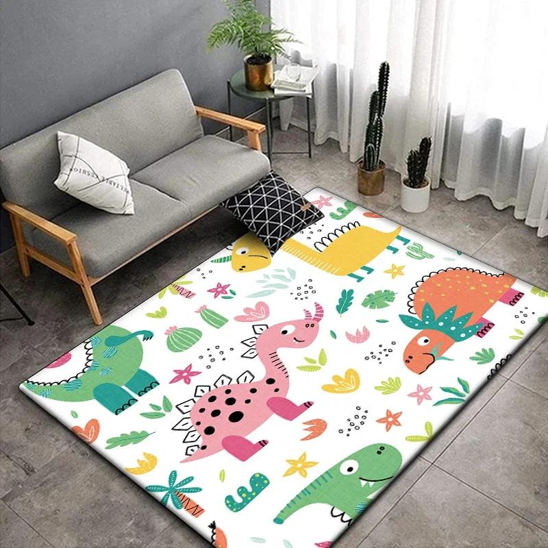 1 pieza Alfombra linda con estampado de dinosaurio de dibujos animados para sala de estar, dormitorio, alfombra para gatear para niños resistente a las arrugas, alfombra de suelo antideslizante