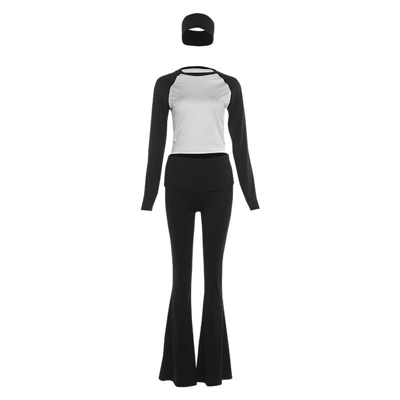 

European & American Autumn/Winter Women s Color Block Slim Fit Two-Piece: Long-sleeved Round Neck T-shirt & Long Pants L