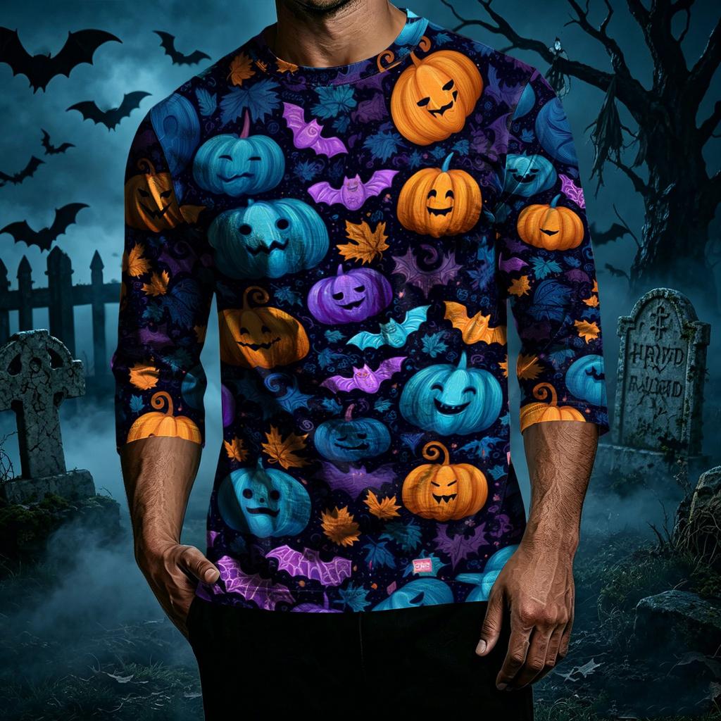 Men's Casual Halloween Print Raglan Sleeve T-Shirt Crew Neck Three Quarter Sleeve Top for Everyday Wear Comfortable Fit