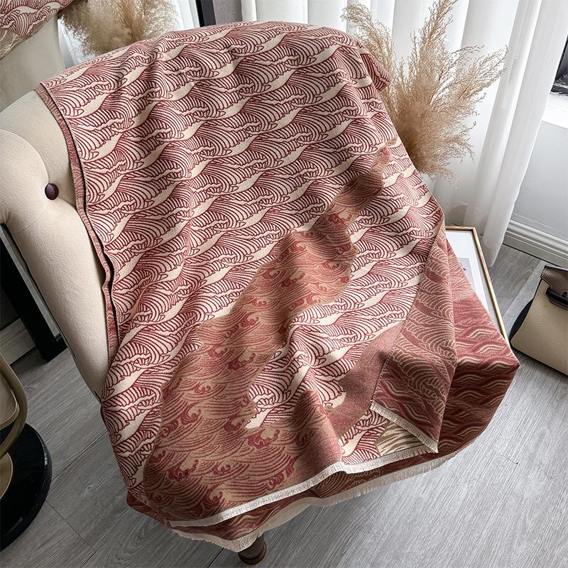 Imitation cashmere scarf, Guochao wave lines, high-end sense, double-sided landscape painting, warm shawl