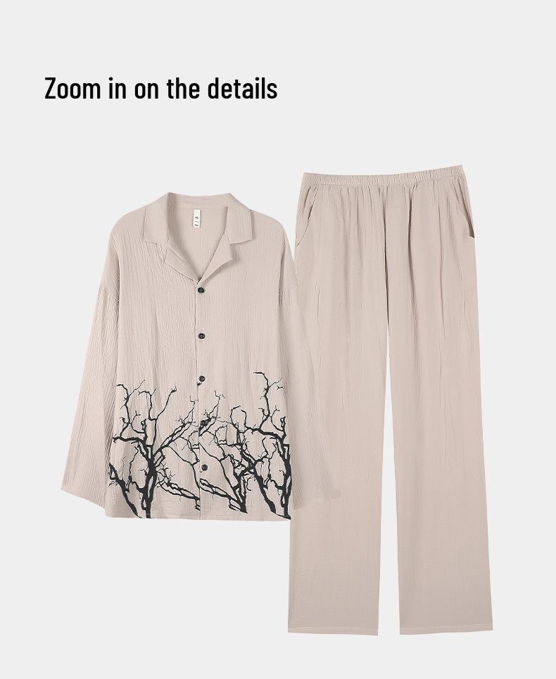 Herrenpyjama aus reiner Baumwolle, Klasse A, doppellagig - Langarm, Chinesischer Stil, Lockere Passform, Hochwertige Frühlings- und Herbst-Homewear.