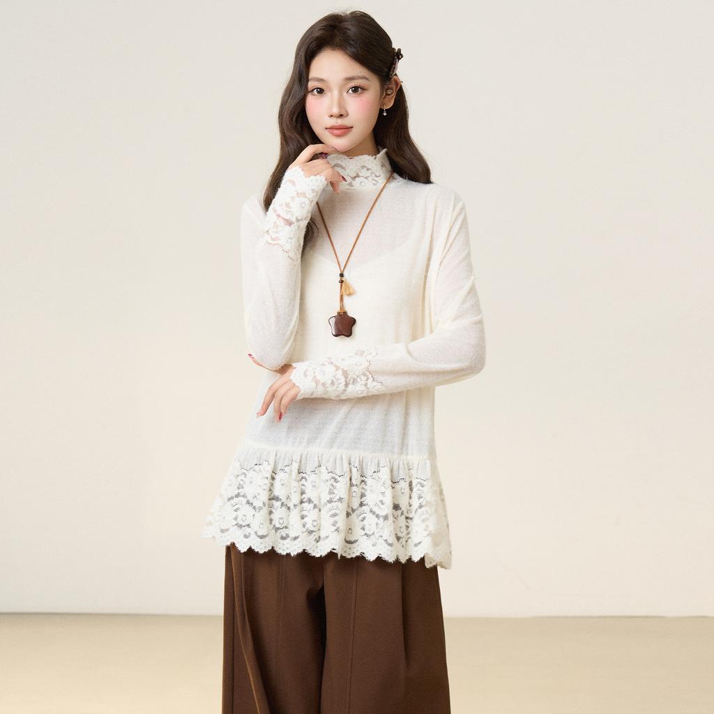 Xiaoxiangfeng Lace Fungus Edge Semi-turtleneck Knitted Sweater Women's Autumn and Winter Long-sleeved T-shirt with Bottoming Shirt Top