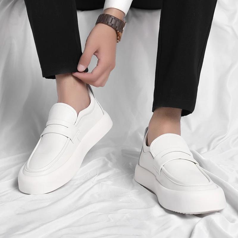 Genuine Leather Business Oxford Shoes Men Breathable Formal Dress Shoes for Men Male Office Soft Sole White Thick Soled Loafers