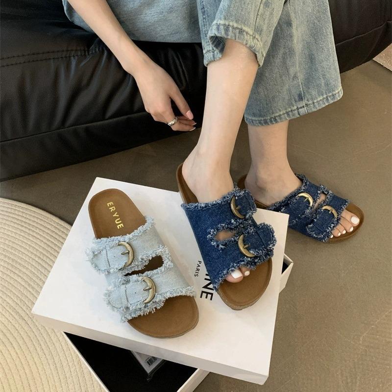 Summer 2025 New Fashion Thick-soled Denim Casual Beach Shoes with Belt Buckle-exposed Toes, Korean-style Flip-flops for Women