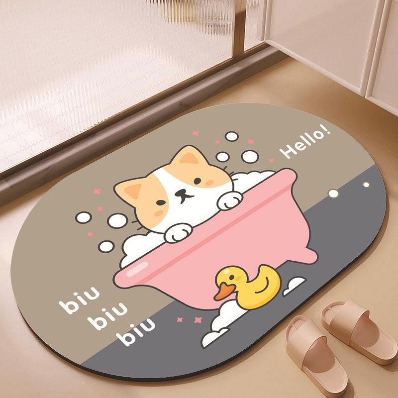 New Cartoon Cute Animal Oval Diatom Mud Floor Mat, Bathroom Water-absorbing Quick-drying Carpet, Children's Room Non-slip Mat