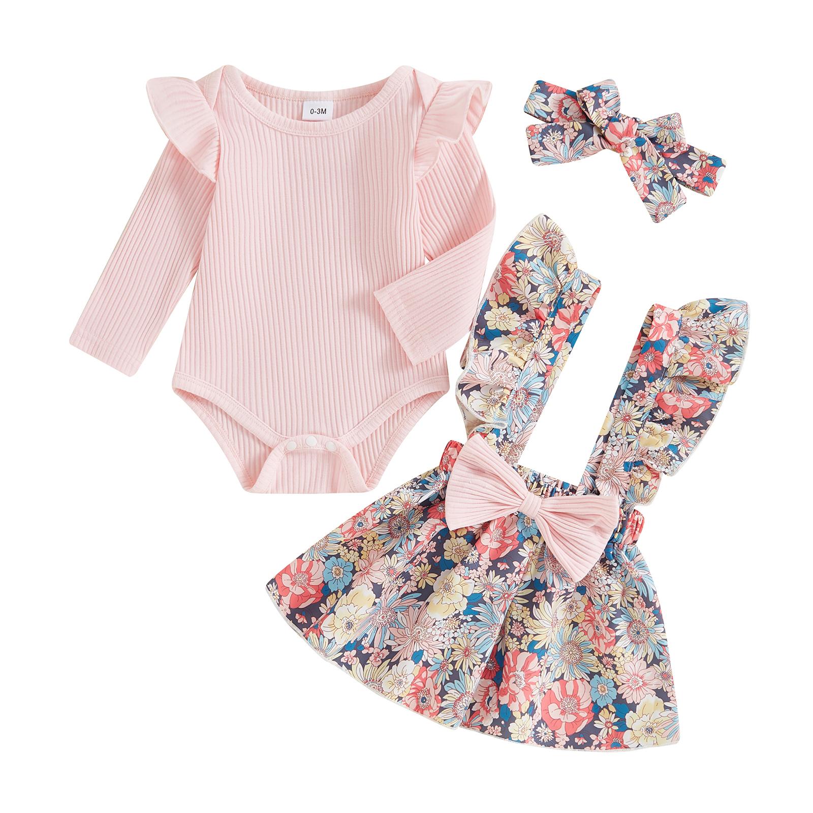

Комплект из 3 предметов для девочек с длинными рукавами, круглым вырезом, оборками, цветочным принтом, бантом, комбинезоном, юбкой, повязкой для волос 3-6 Months розовый