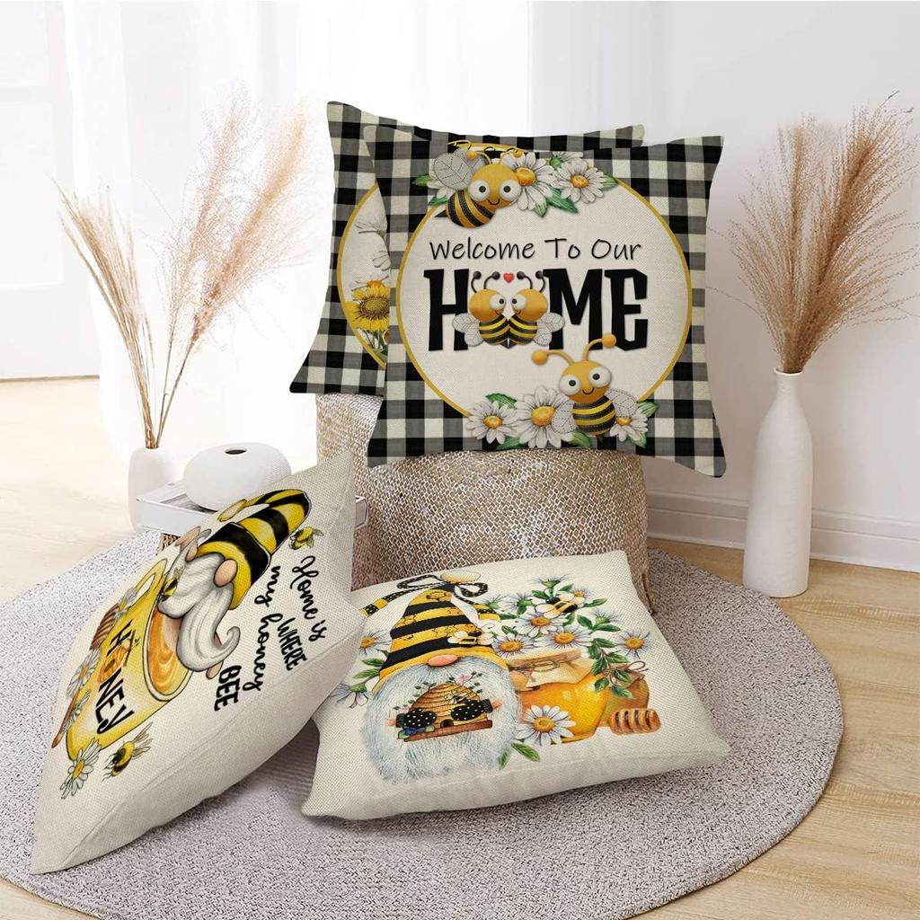 Fahrendom Spring Summer Yellow Bumble Bee Happy Gnome Decorative Throw Pillow Cover 18x18 Set of 4, Fall Black Buffalo Plaid Honey Themed Home